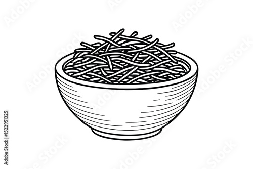 Detailed vector illustration of a bowl filled with aromatic saffron spice strands in line art.