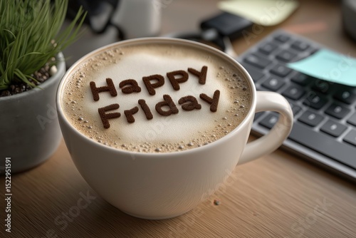 Coffee Cup with Happy Friday Message in Chocolate Letters on Foamy Surface in Office Setting