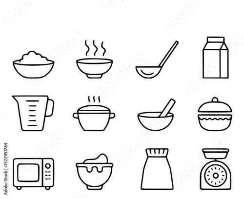 Kitchen utensils and food icons in minimalist black outlines