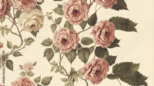 Wallpaper Mural Floral pattern with pink and cream roses and green leaves on a light beige background design art background texture video Torontodigital.ca