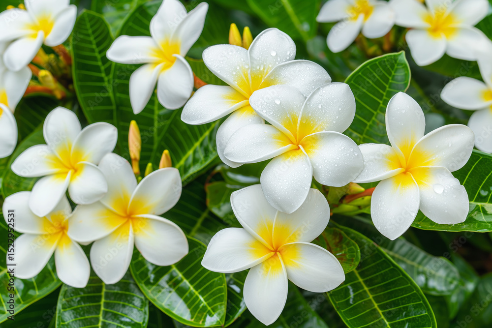 Fototapeta premium Beautiful white and yellow plumeria flowers bloom in lush garden setting, enhancing the natural landscape in tropical surroundings