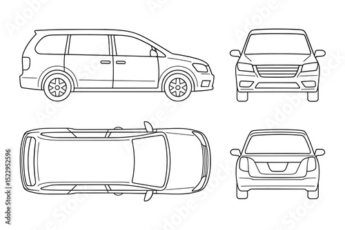 Detailed vector illustration of a minivan showcasing side, front, back, and top views.