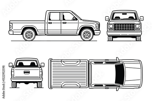 Detailed vector illustration of a pickup truck showcasing side, front, back, and top views.