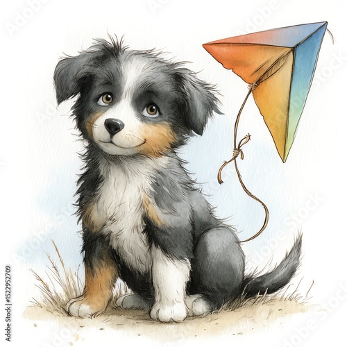 Cute puppy with a colorful kite in a playful scene.