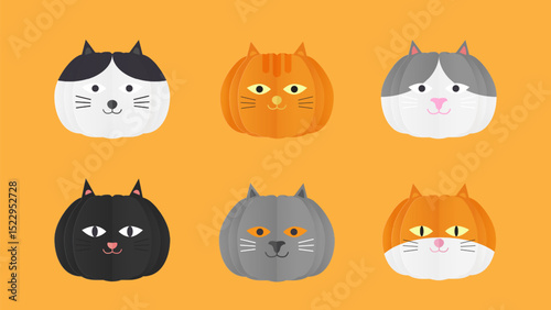 Set of cute paper cut cat heads. Paper sticker print.Vector illustration