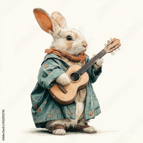 A rabbit playing a guitar in a whimsical outfit.