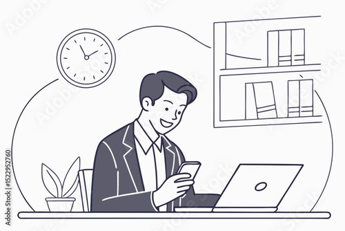 Vector illustration of a happy businessman in office using smartphone