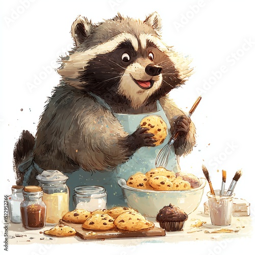 Charming raccoon baking cookies in a whimsical kitchen setting.