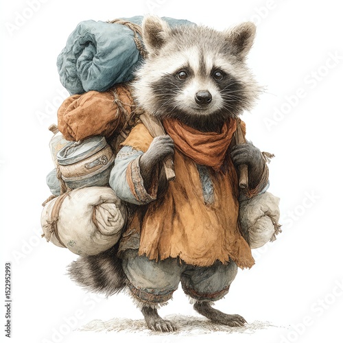 A raccoon character carrying a backpack full of supplies.