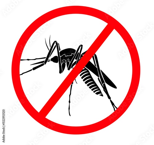 Stop mosquito. Red prohibition sign. Ban insects. Anti pest cartoon sign. Vector illustration flat design. Isolated on background. Malaria epidemic. .