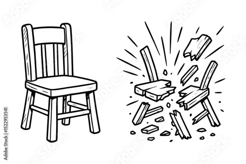 Vector graphic of a broken chair, showcasing damage and destruction with detailed outline style.