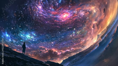 Child gazing at vibrant cosmic landscape