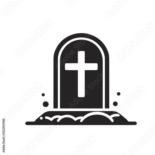 Tombstone with cross symbol on a grave surrounded by earth  