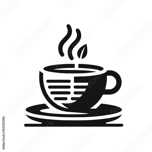 Black coffee cup with steam and leaf on saucer  