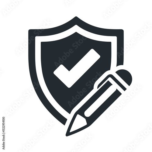 Security shield with check mark and pencil icon in flat design  