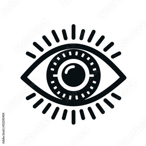 Eye icon with rays in minimalistic black and white style  