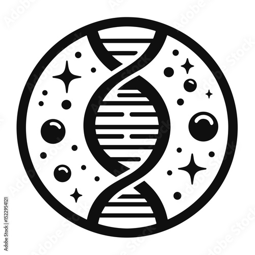 Abstract DNA spiral with stars and planets in circular design  