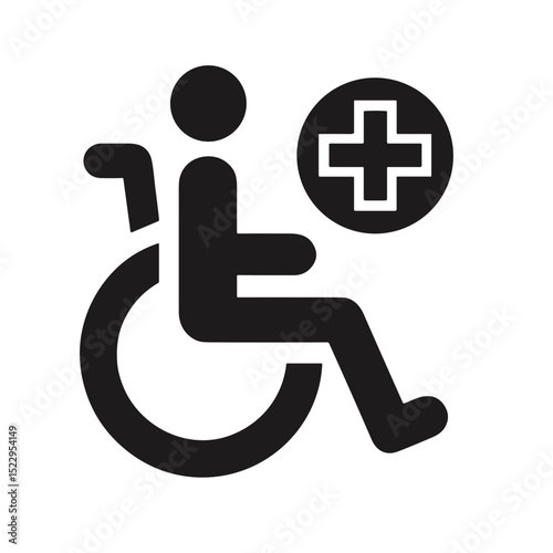 Disabled person icon in wheelchair with medical cross symbol  