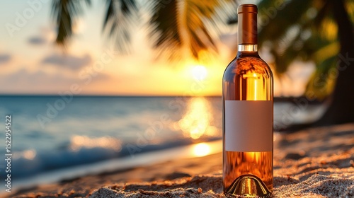 Fototapeta Naklejka Na Ścianę i Meble -  Wine bottle on beach at sunset (3)