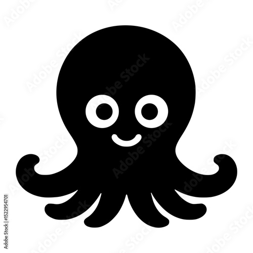 Cute sitting octopus icon with cartoon eyes and small smile — solid black vector