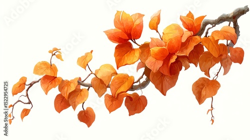 Vibrant autumn leaves on a branch with intricate details.