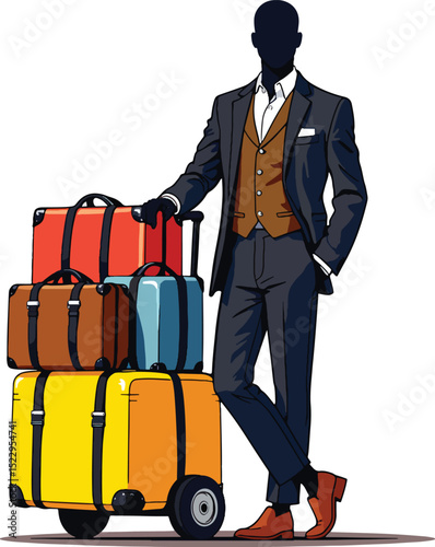 Stylish man with luggage on rolling suitcase