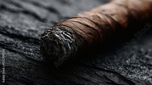 Closeup of a cigar with charred tip on black, Rolled cigar with detailed ash texture, Concept for smoking, addiction or premium tobacco