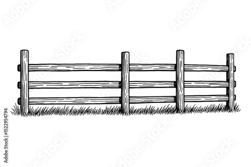 Detailed vector illustration of a hand drawn farm fence in a black and white style design.