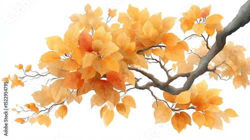 Autumn leaves on a branch with intricate detailing.