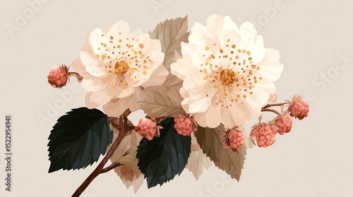 Delicate flowers with leaves and buds on a soft background.