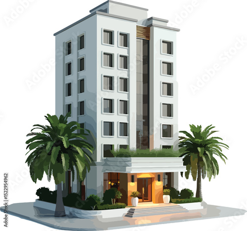 3d Modern hotel building with palm trees at night
