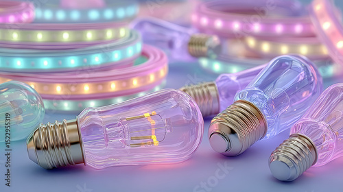 Led strips with neon light effect isolated on transparent background. Vector realistic set of colored light stripes and wavy glowing tape with blue and white lamp and diode bulbes photo
