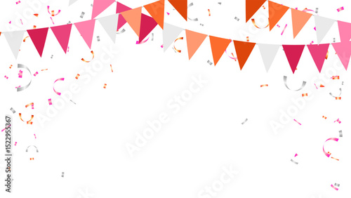 Pride month meeting, lesbian flags parade banner. Triangle pennants chain and confetti for pride month party color concept