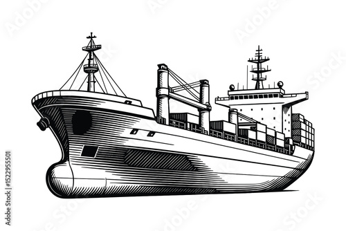 Detailed vector drawing of a cargo ship. Features containers in a clean outline style at sea.