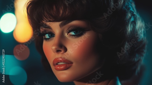 Model with retro hairstyle and makeup poses against vibrant background in urban nightlife setting