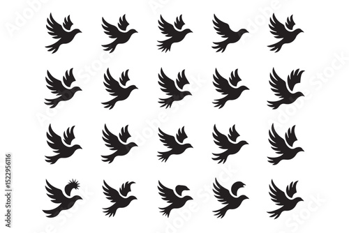A collection of twenty diverse dove silhouettes, exhibiting variations in pose and style, ideal for logo design or symbolic representation.