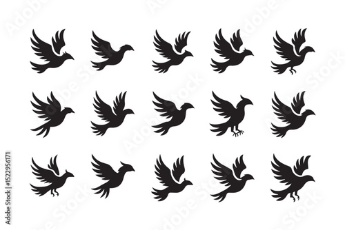 A collection of sixteen stylized bird silhouettes in various flight poses