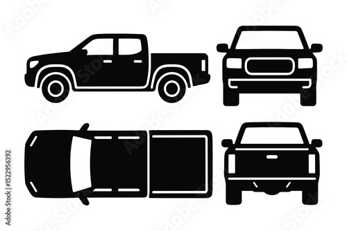 Detailed vector illustration of a pickup truck in side, front, and top views in black color.