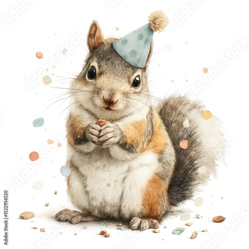 A cute squirrel wearing a party hat sits surrounded by colorful confetti, holding a small treat in its paws.