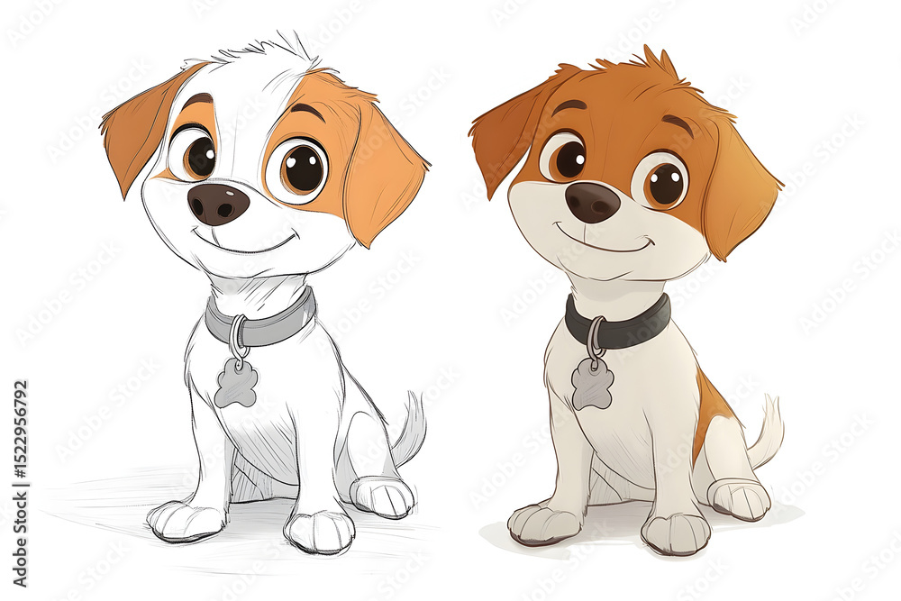 Fototapeta premium Cartoon Dog Illustration - Line Art and Color Example