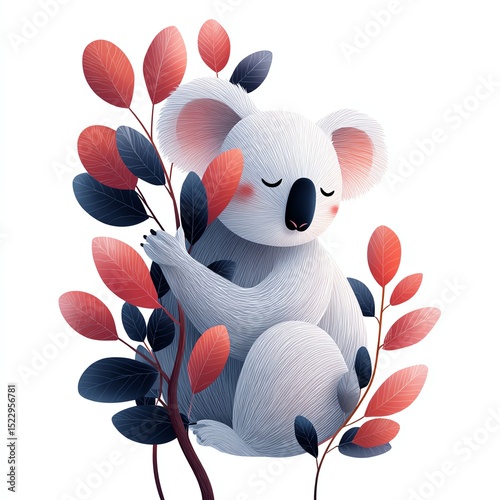 A cute illustrated koala cuddles among red and blue leaves, eyes closed, exuding calmness on a white background.
