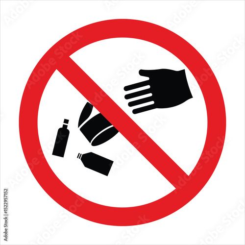 Prohibition sign with hand dropping garbage into a forbidden red crossed circle, promoting environmental awareness
