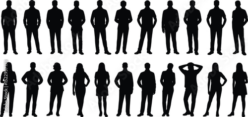 Silhouettes of standing people, business casual poses, male and female figures, vector illustration