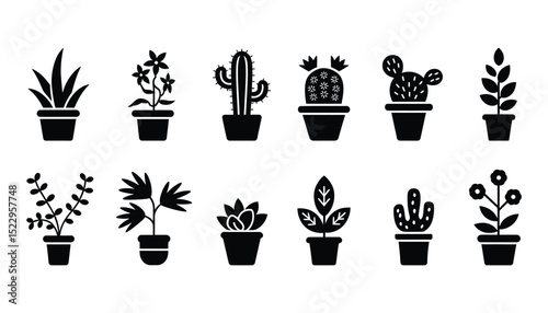 Set of Stylish Houseplant Silhouettes for Creative Greenery Projects, Simple Potted Botanical Illustrations Bringing Nature's Calm Indoors