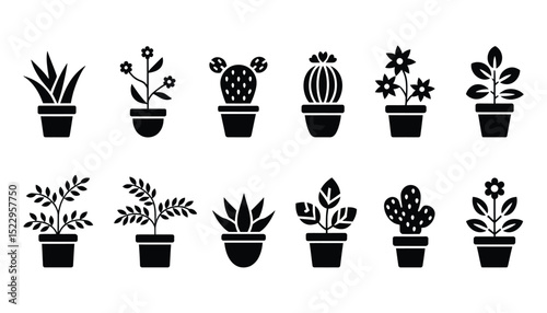 Set of Stylish Houseplant Silhouettes for Creative Greenery Projects, Simple Potted Botanical Illustrations Bringing Nature's Calm Indoors