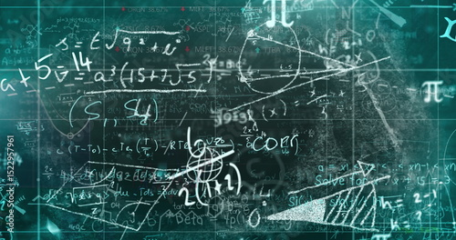 Image of digital science formula and math equation moving against grid pattern