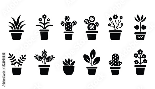 Set of Stylish Houseplant Silhouettes for Creative Greenery Projects, Simple Potted Botanical Illustrations Bringing Nature's Calm Indoors