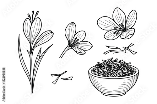 Detailed vector illustration featuring saffron crocus flowers and a bowl of saffron spice strands.