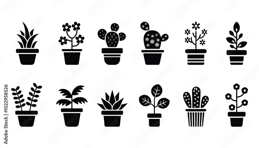 Fototapeta premium Set of Stylish Houseplant Silhouettes for Creative Greenery Projects, Simple Potted Botanical Illustrations Bringing Nature's Calm Indoors