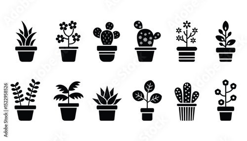 Set of Stylish Houseplant Silhouettes for Creative Greenery Projects, Simple Potted Botanical Illustrations Bringing Nature's Calm Indoors